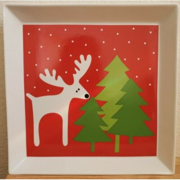 Crate Barrel Reindeer Platter Tray Plate Square Christmas Tree